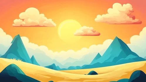 Stylized sunny desert valley with blue mountains at dusk.