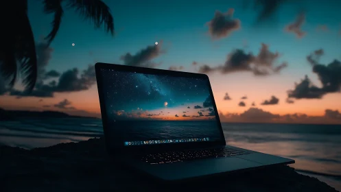 Cozy beachside laptop glowing under a dreamy sunset sky.
