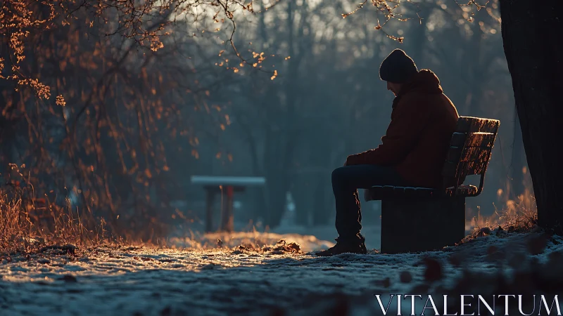 Solitary figure on bench in golden hour winter backlight.