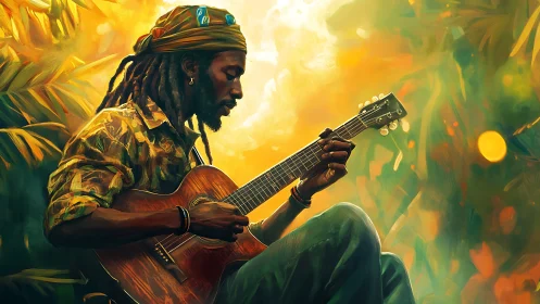 Sunlit jungle guitarist weaving mellow golden chords.
