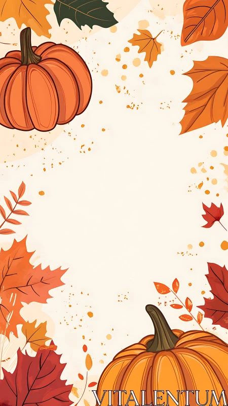 Cozy autumn pumpkins framed by playful falling leaves.