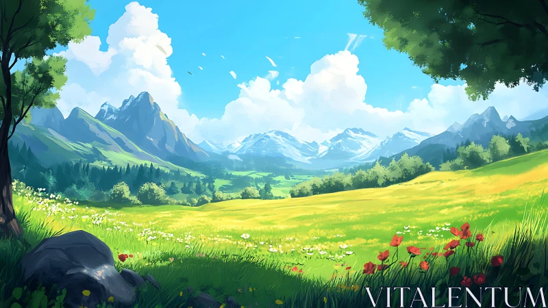 Sunlit alpine meadow under vivid blue summer sky.