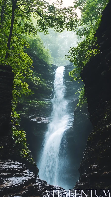 Tall forest waterfall plunging through mossy rock gorge.