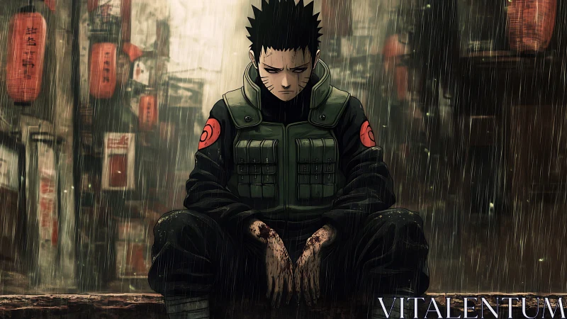 Battle worn ninja sits alone in rain soaked alleyway.