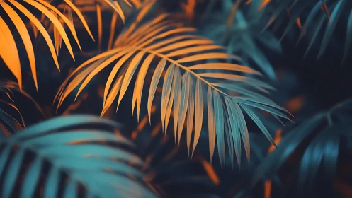 Neon jungle fronds trade whispers in teal and ember light