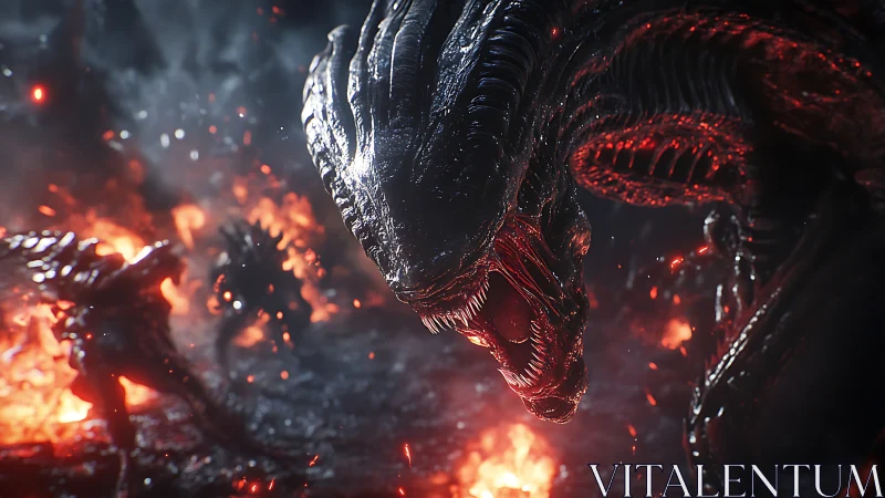 Fierce alien creature glowing in firelit sci fi battleground.