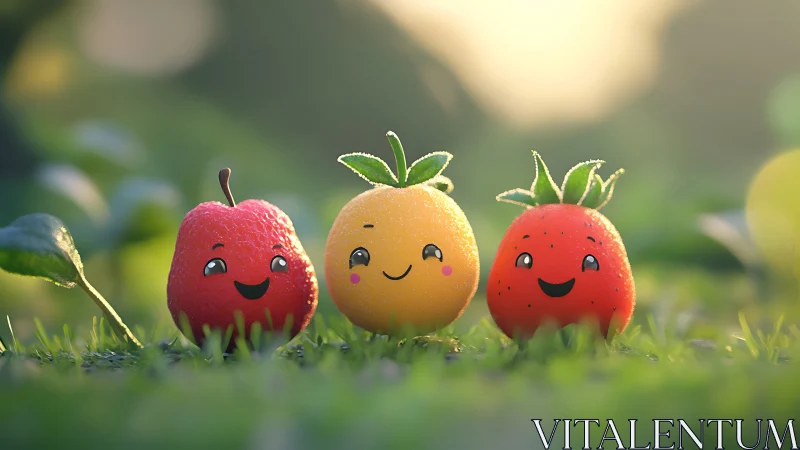 Anthropomorphic fruit trio on grass in soft daylight scene.