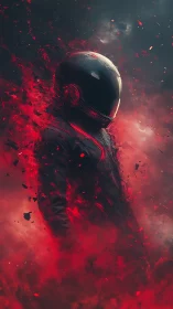 Fiery space explorer strides through swirling cosmic embers