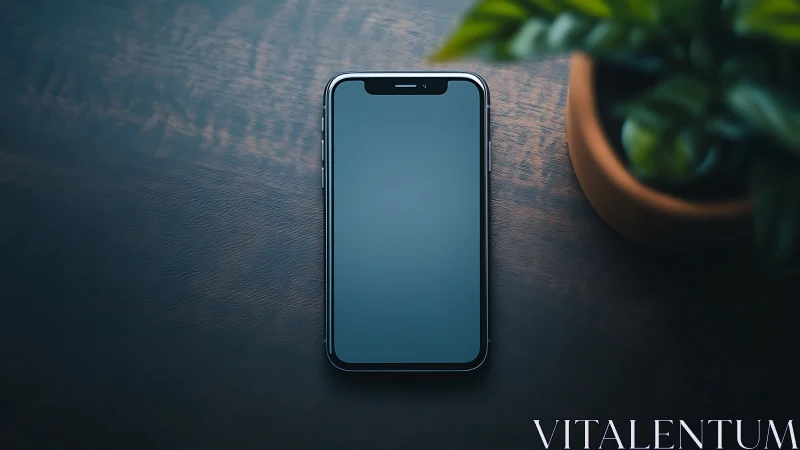 Smartphone on dark wooden surface with potted succulent nearby.