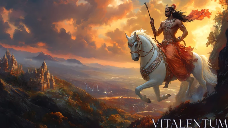 Mythic warrior on jeweled steed above temple valley at dusk.