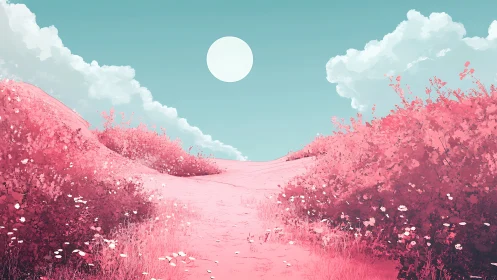 Pastel moonlit path through pink hills and wildflowers.