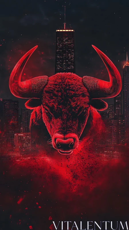 Red bull head dominates dark city skyline with glowing horns