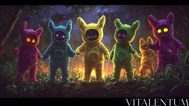 Glowing forest creatures gather in colorful fuzzy suits.