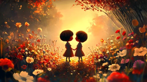 Two silhouettes hold hands where golden flowers bloom.