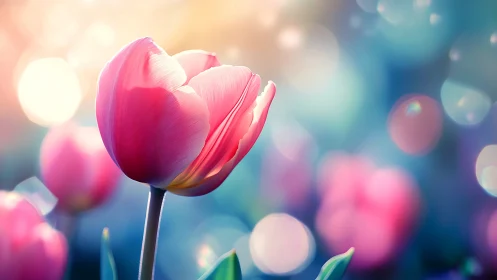 Pink tulip bloom against blurred gradient background with bokeh effect.