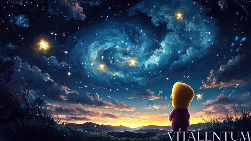 Child observer under spiral nebula sky with luminous stars.