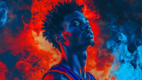 Portrait of male subject with red and blue smoke effects.