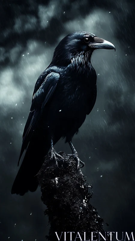 Storm-watched raven broods on a rain-soaked midnight perch.