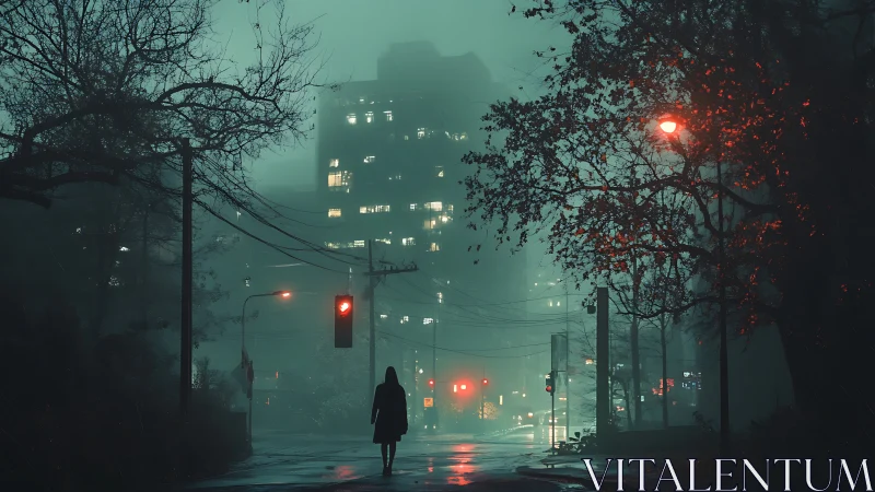 Solitary figure at red light in misty urban night street.