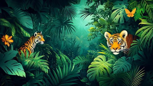 Two Tigers in Luminous Jungle: Digital Painting With Tropical Foliage