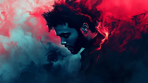 Moody male portrait dissolves into red and teal vaporous clouds.