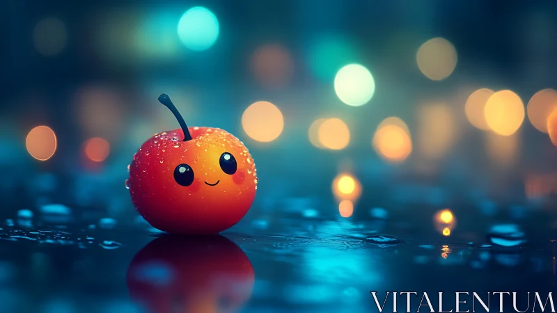 Smiling kawaii cherry rests on wet street with bokeh lights