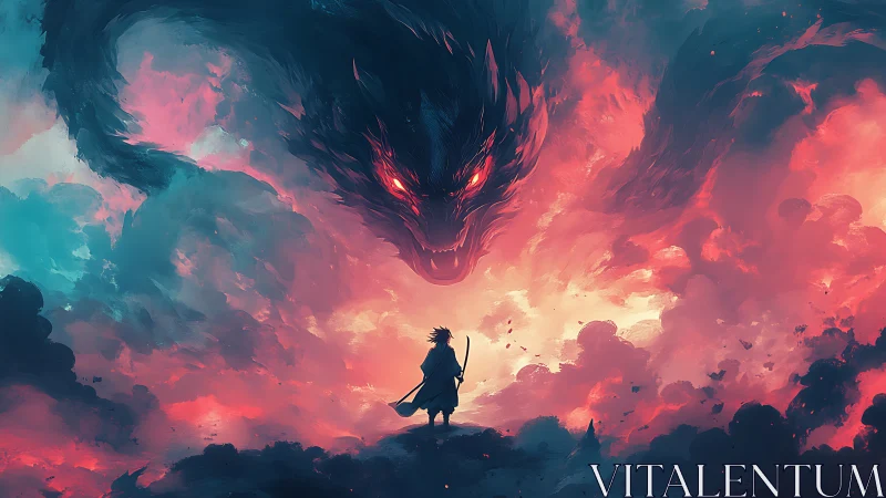 Storm-lit samurai steadies blade beneath roaring sky dragon