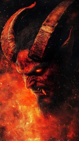Infernal horned warlord roaring from a storm of embers.