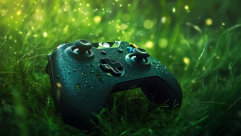 Game controller on dewy grass with green light orbs.