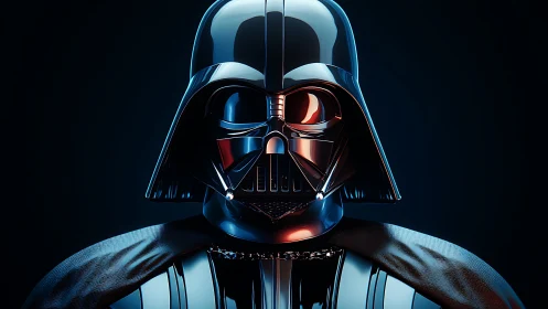 Black armored helmet under cinematic blue red lighting.