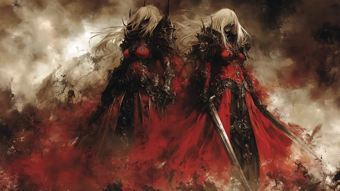 Twin crimson knights stride through storm of war.