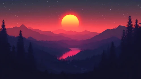 Gradient-lit mountain valley renders stylized sunset depth mapping