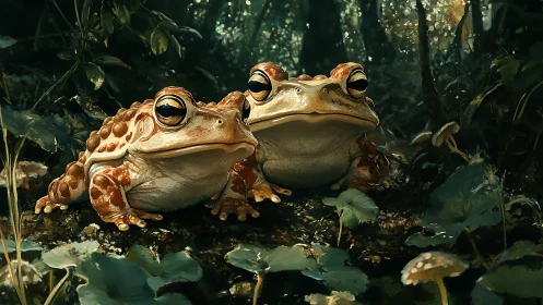 Digital painting of twin forest toads in lush chiaroscuro lighting.