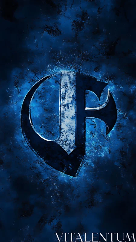 Metallic blue emblem on textured dark abstract field.