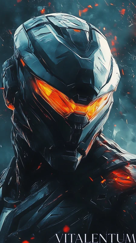 Armored humanoid figure with glowing visor in sparks field.