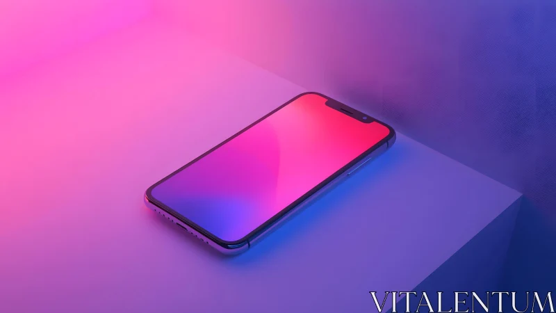 Modern smartphone on geometric surface with vibrant neon lighting.