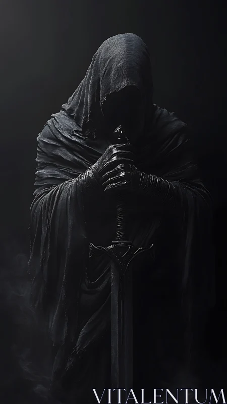 Shrouded wraith knight gripping a greatsword in shadowed void.