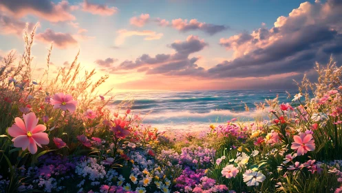 Coastal Landscape with Flowering Meadow and Sunset Sky.