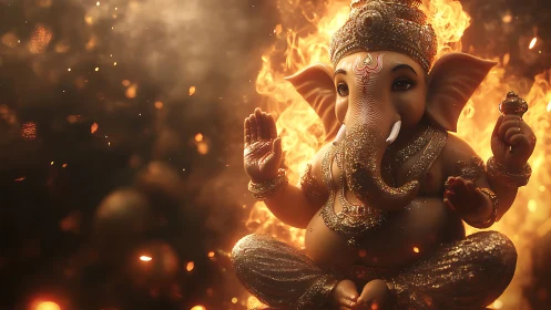 Divine Ganesha idol glows amid swirling sacred flames.
