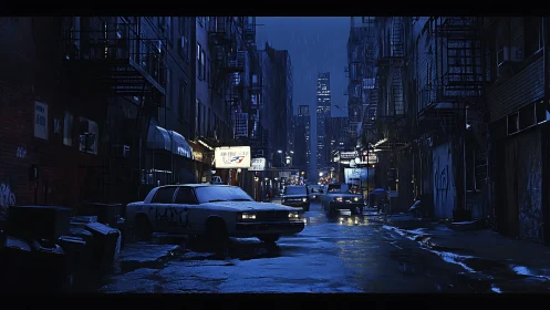 Rain-soaked city backstreet glows under neon and headlights.