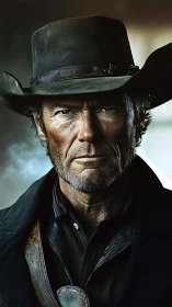 Weathered cowboy stares ahead in a smoky frontier dusk