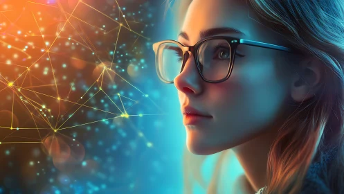 Rendered profile of woman with glasses facing network graphic