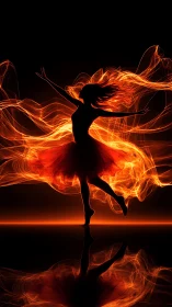 Silhouetted dancer silhouette rendered with orange incandescent energy effects and volumetric light