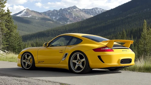 Yellow sports coupe parked on mountain forest roadside.