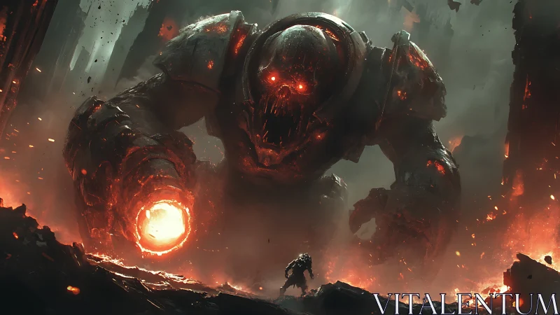 Colossal infernal mech towers over lone combatant in ruins