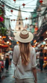 Traveler in straw hat walks through vibrant Asian street