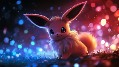 Glowing fox-like creature rendered in neon bokeh nightscape