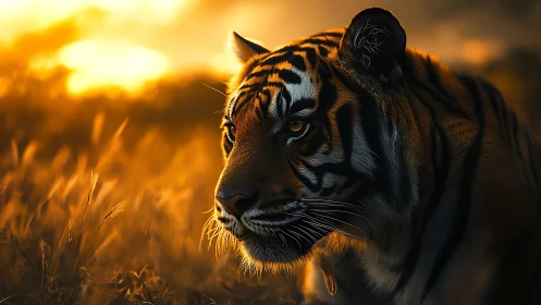Golden hour Bengal tiger profile in backlit savanna grass