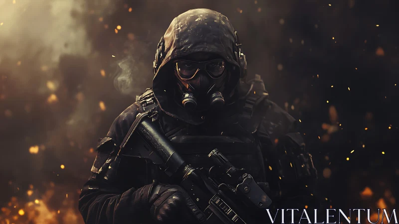 Heavily armed soldier in gas mask amid burning embers.