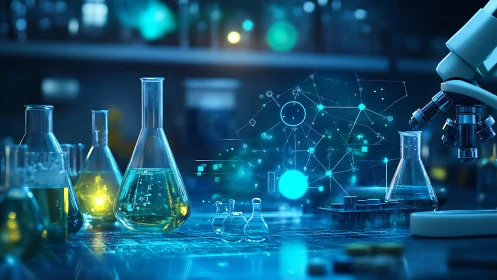 Digital laboratory bench with holographic molecular schematics.
